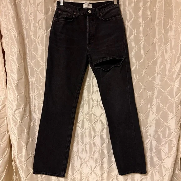 AGOLDE Lana Slice Mid-rise Straight-leg Jeans Distressed Black Gray Leg Hole - Picture 7 of 16